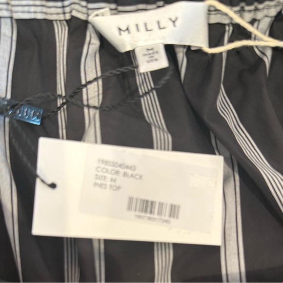 $325 Milly Ines Black and White Stipe Off-the-Shoulder Bell Sleeve Blouse - Picture 6 of 7